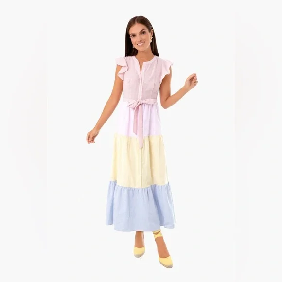 English Factory Sweet Heart Seersucker Colorblock Effie Ruffle Maxi Dress XS - Picture 3 of 10